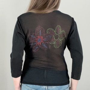 Y2K whimsical Studded Floral Sheer Back V Neck Black top size Small/Medium